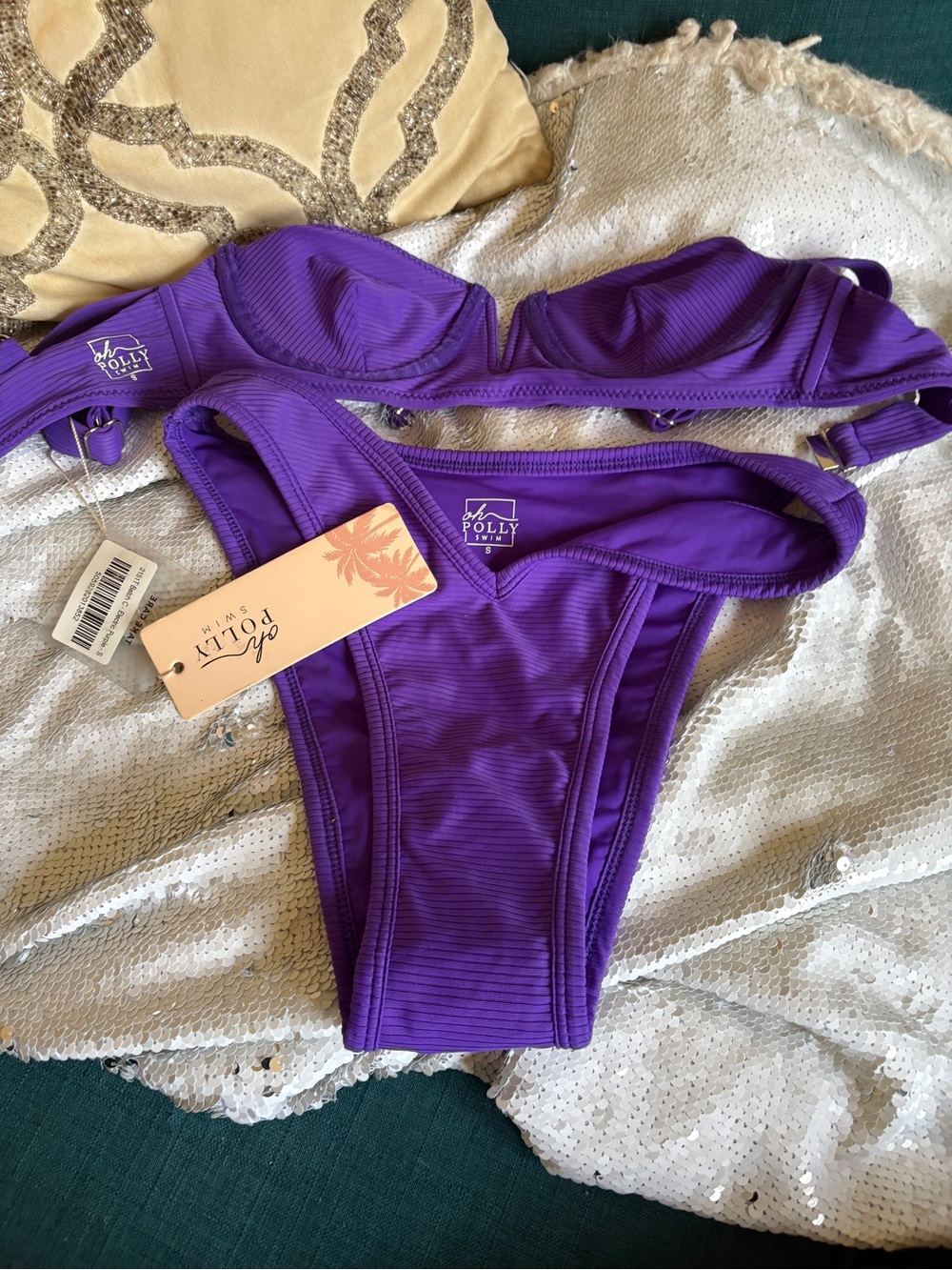 Oh Polly Violet Ribbed Bandeau Bikini Set
